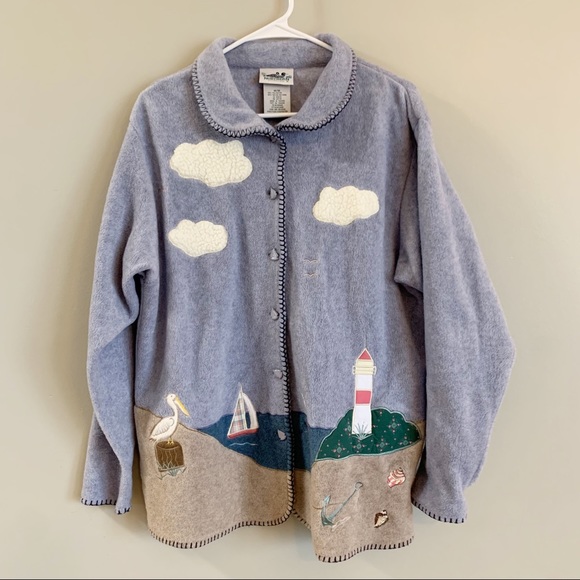 Vintage Tops - Vintage Fleece Top Shirt Shacket Medium Oversized Nautical Lighthouse Coastal
